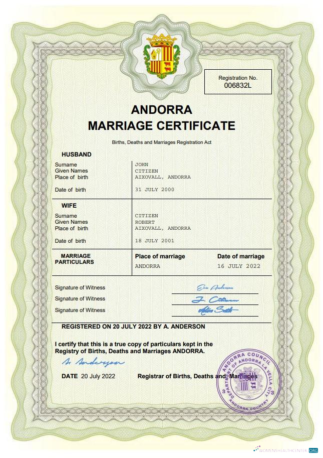 Download Andorra marriage certificate Word and PDF template Photoshop template